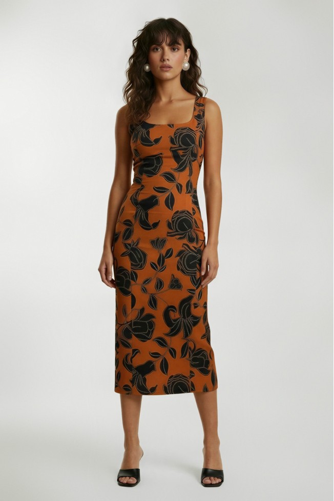 PRINTED PENCIL DRESS WITH SLIT BACK