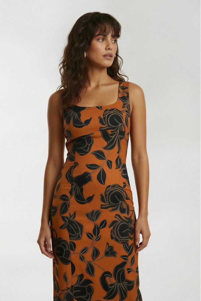 PRINTED PENCIL DRESS WITH SLIT BACK