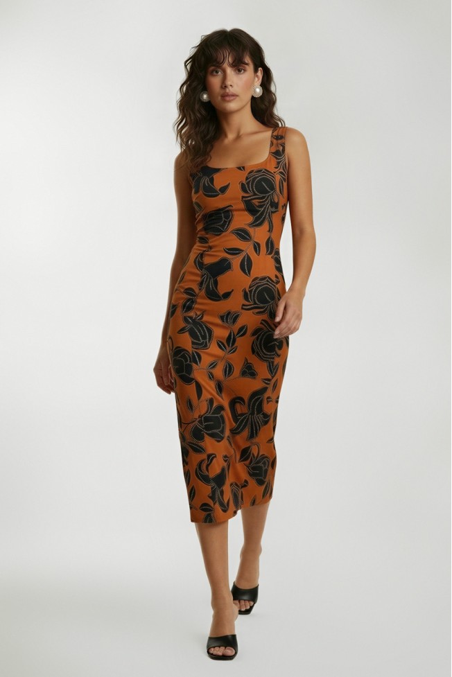 PRINTED PENCIL DRESS WITH SLIT BACK