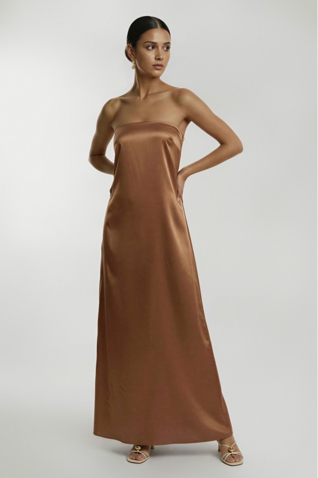 STRAPLESS SATIN DRESS WITH ELASTIC