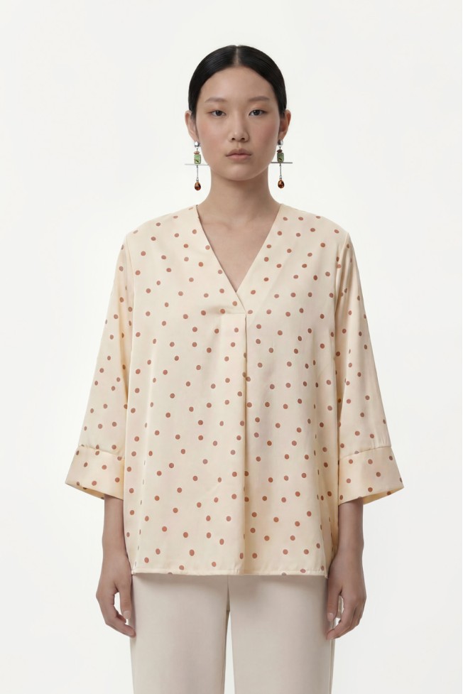 POLKA DOT V-NECK BLOUSE WITH CROCHET