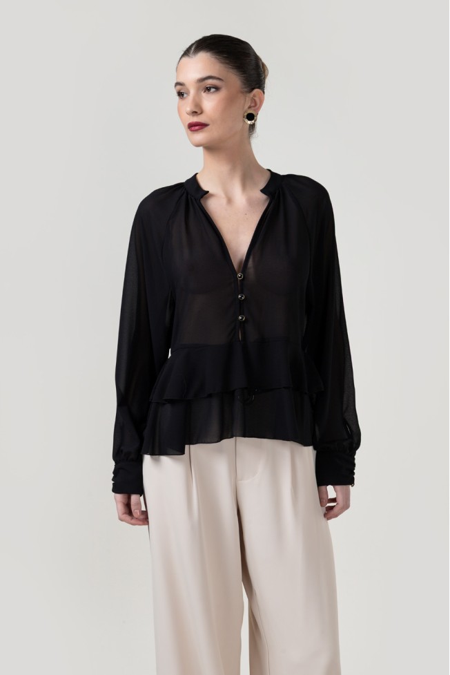 LONG SLEEVE V-NECK BLOUSE WITH RUFFLES