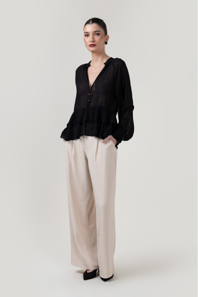 LONG SLEEVE V-NECK BLOUSE WITH RUFFLES