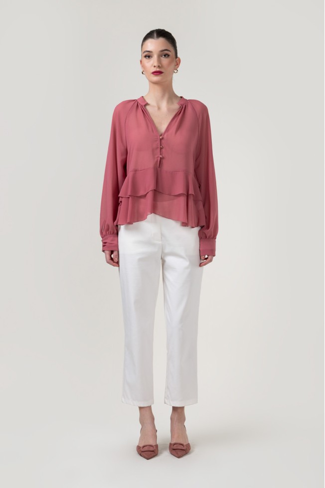 LONG SLEEVE V-NECK BLOUSE WITH RUFFLES