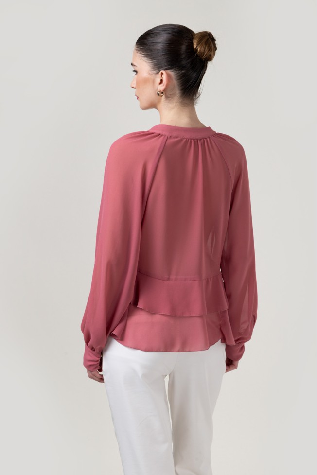 LONG SLEEVE V-NECK BLOUSE WITH RUFFLES
