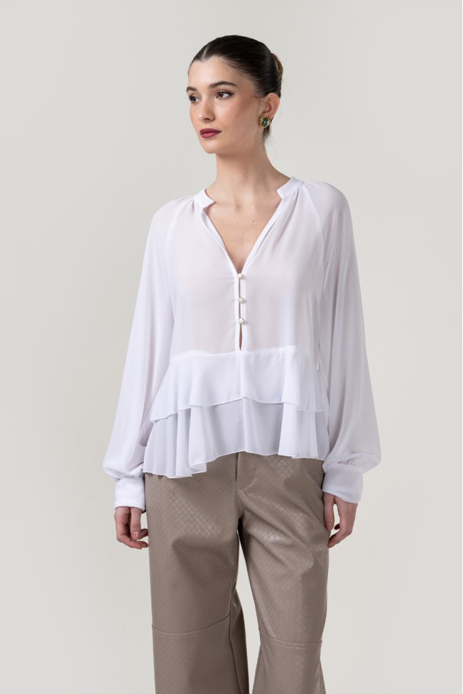 LONG SLEEVE V-NECK BLOUSE WITH RUFFLES