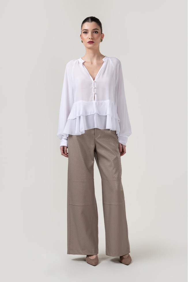 LONG SLEEVE V-NECK BLOUSE WITH RUFFLES