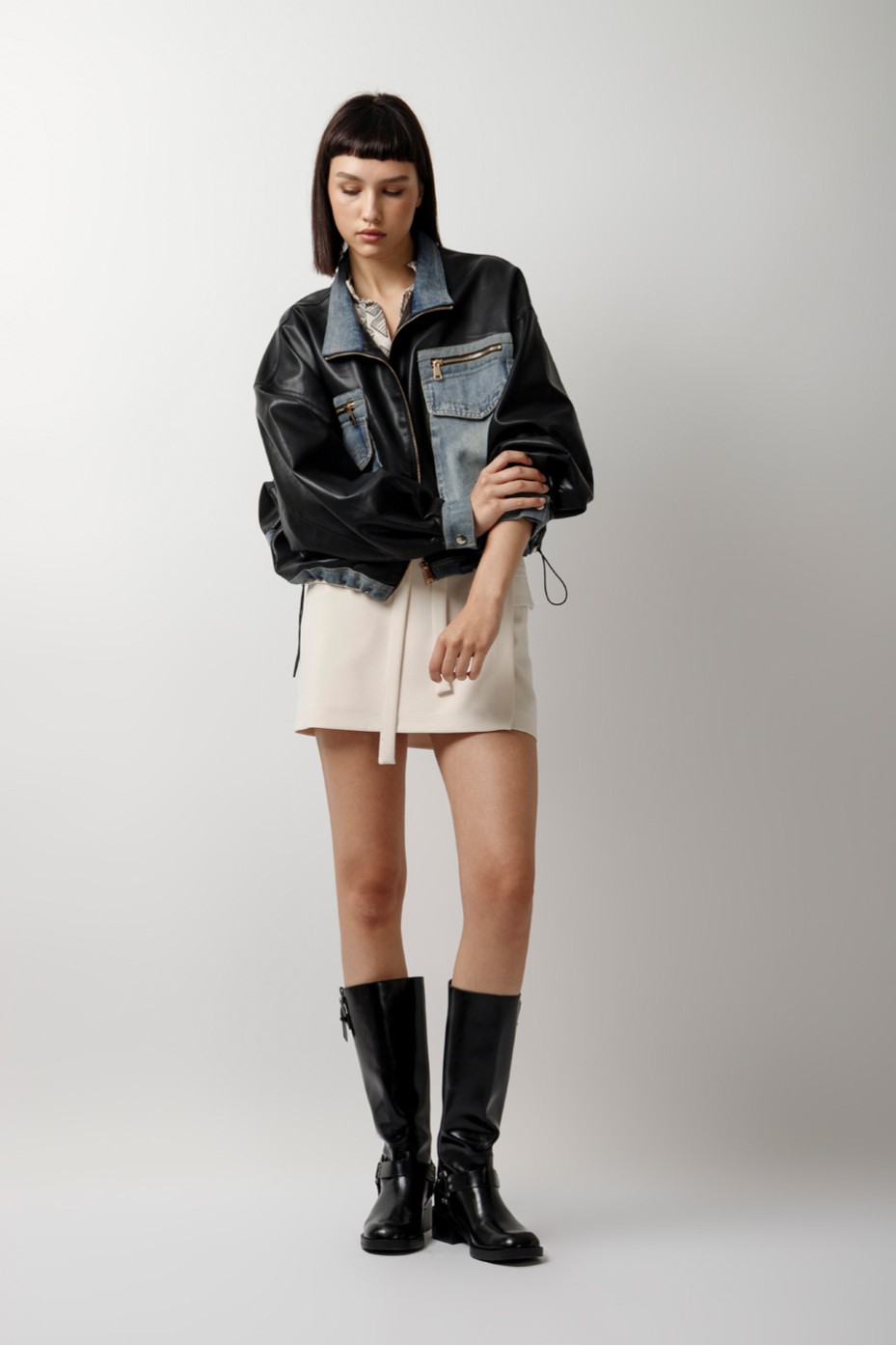 LEATHER JACKET WITH JEANS DETAILS