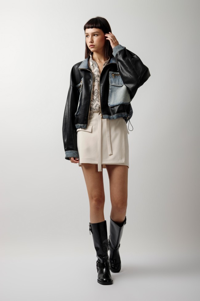 LEATHER JACKET WITH JEANS DETAILS