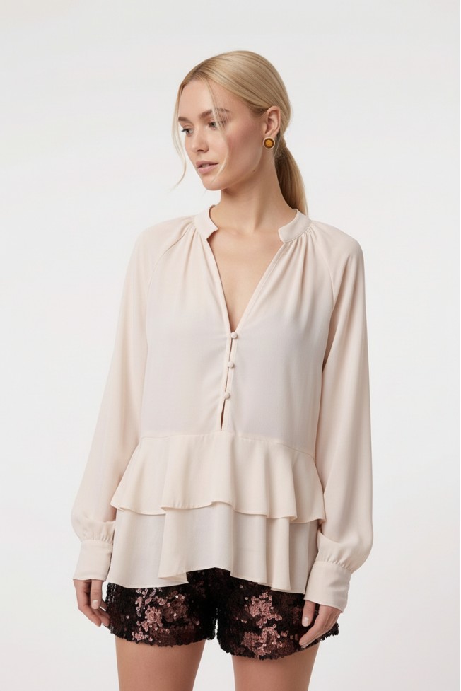 LONG SLEEVE V-NECK BLOUSE WITH RUFFLES