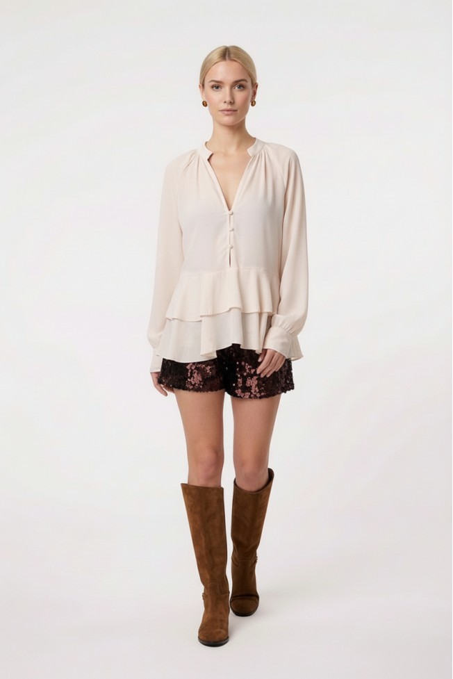 LONG SLEEVE V-NECK BLOUSE WITH RUFFLES