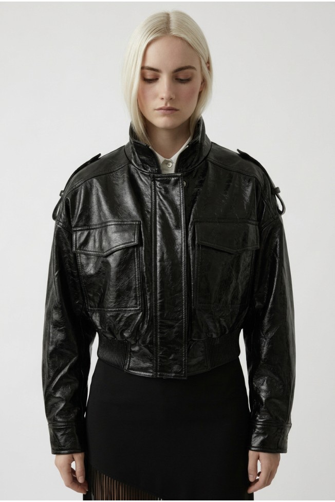 CROP FAUX LEATHER JACKET WITH ELASTIC WAIST