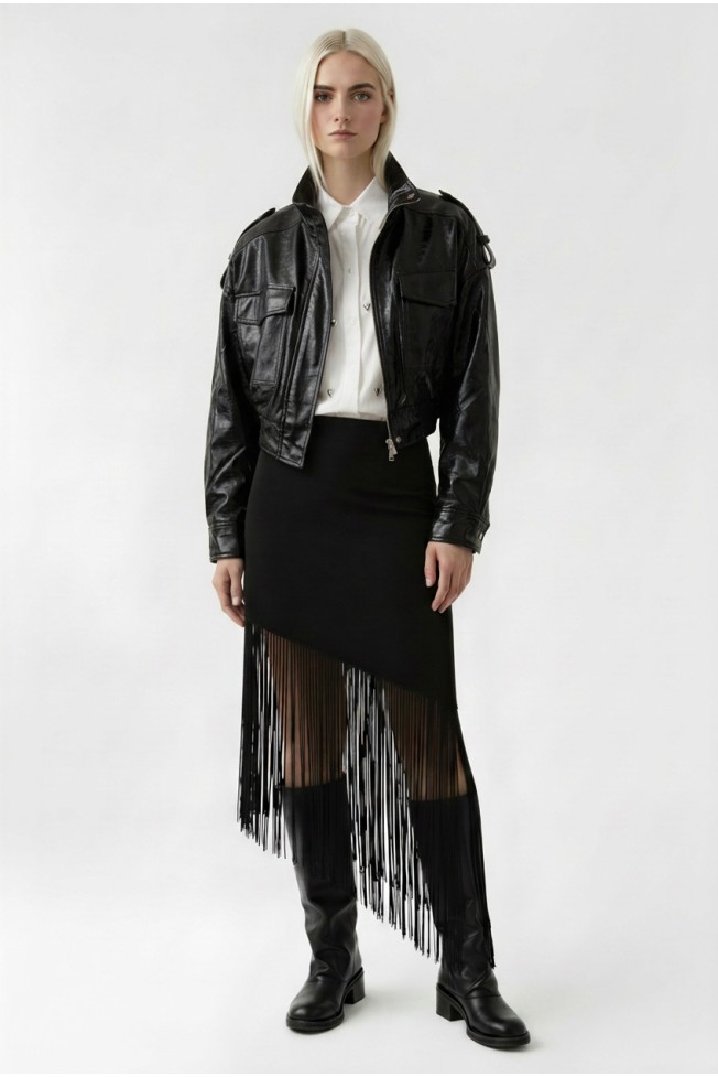 CROP FAUX LEATHER JACKET WITH ELASTIC WAIST