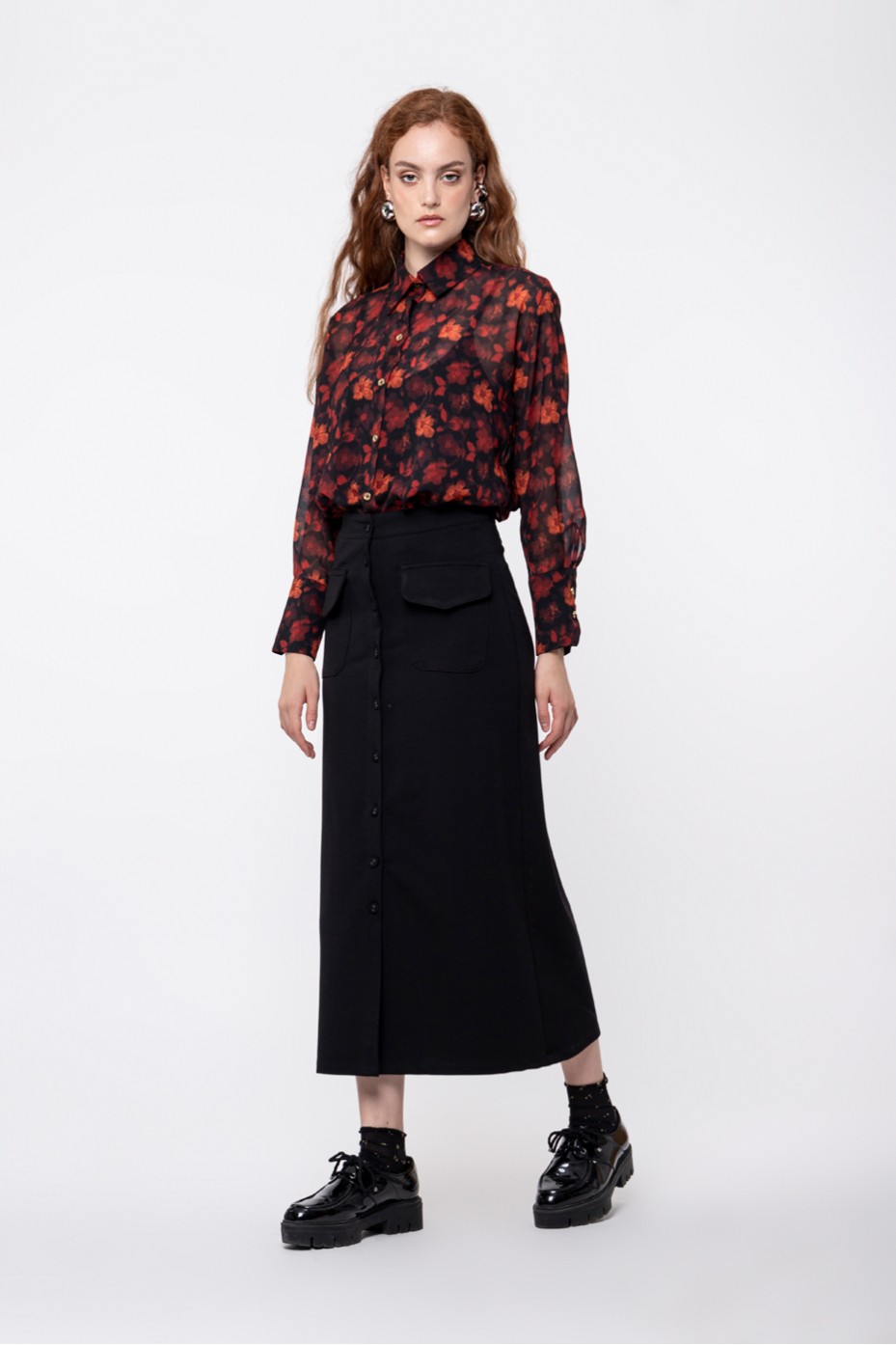 MIDI BUTTONED UP ELASTIC SKIRT