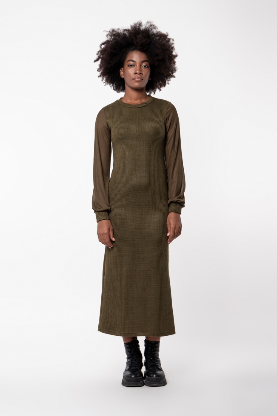 KNITTED DRESS WITH SHEER SLEEVES