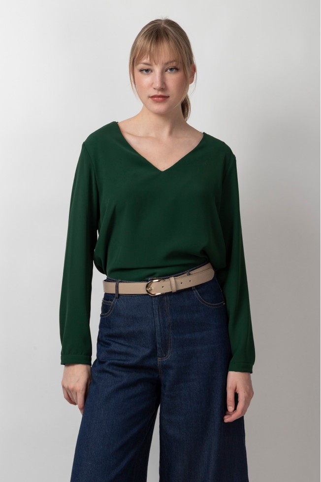 LONG SLEEVE V CREPE BLOUSE