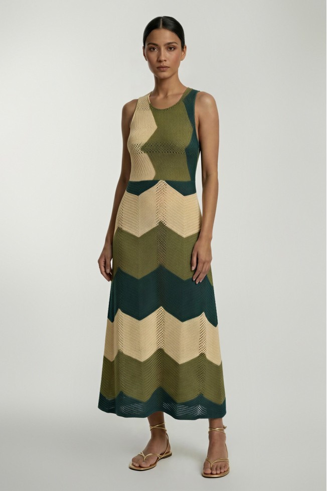 MAXI KNITTED DRESS TRI-COLOURED