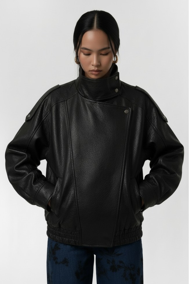 ΜΠΟΥΦΑΝ ΔΕΡΜΑΤΙΝΗ OVERSIZED ΜΕ ΛΟΞΟ ΚΛΕΙΣΙΜΟ